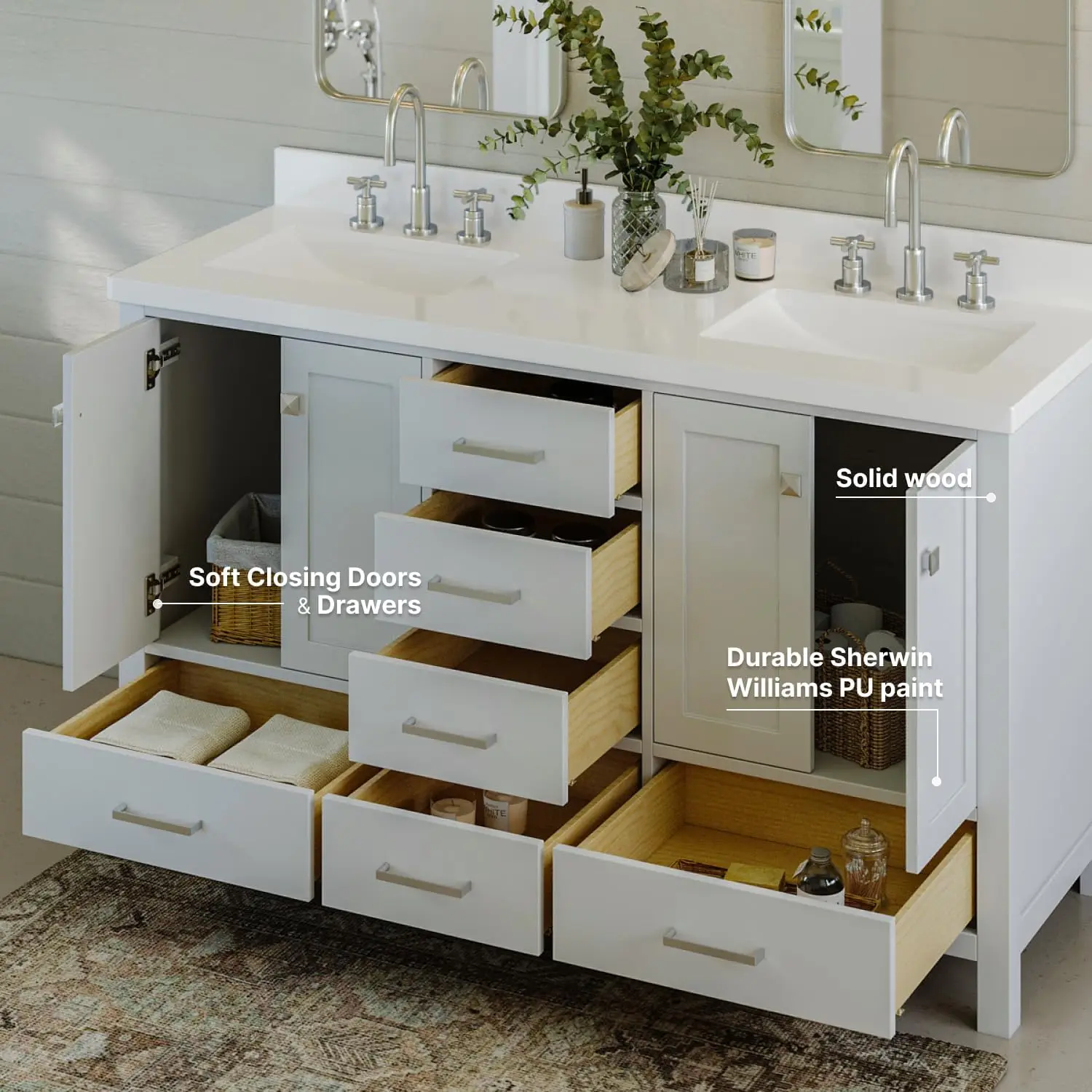 61" White Double Bathroom Vanity with Sink, 1.5" Edge Pure White Quartz Countertop & Backsplash, Brushed Nickel 3
