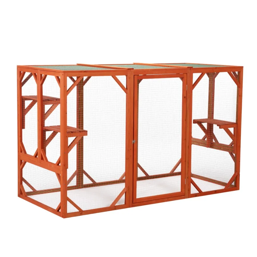 Wooden Cat House Outdoor Cage Waterproof Asphalt Planks Cat Perches Orange