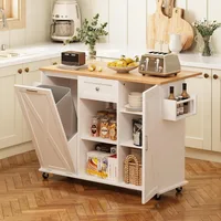 Rolling Kitchen Island with Trash Can Storage, 47.2” Kitchen Island Cart with Drop Leaf Countertop, Island Table with Drawer 1