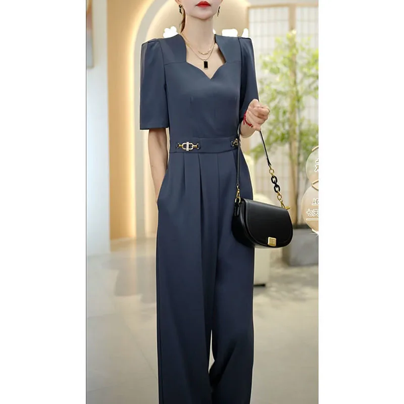 Lazy Style Slimming Short Sleeved Jumpsuit For Women 2025 Summer New Fashion French V-neck Versatile trend Long Women's Rompers