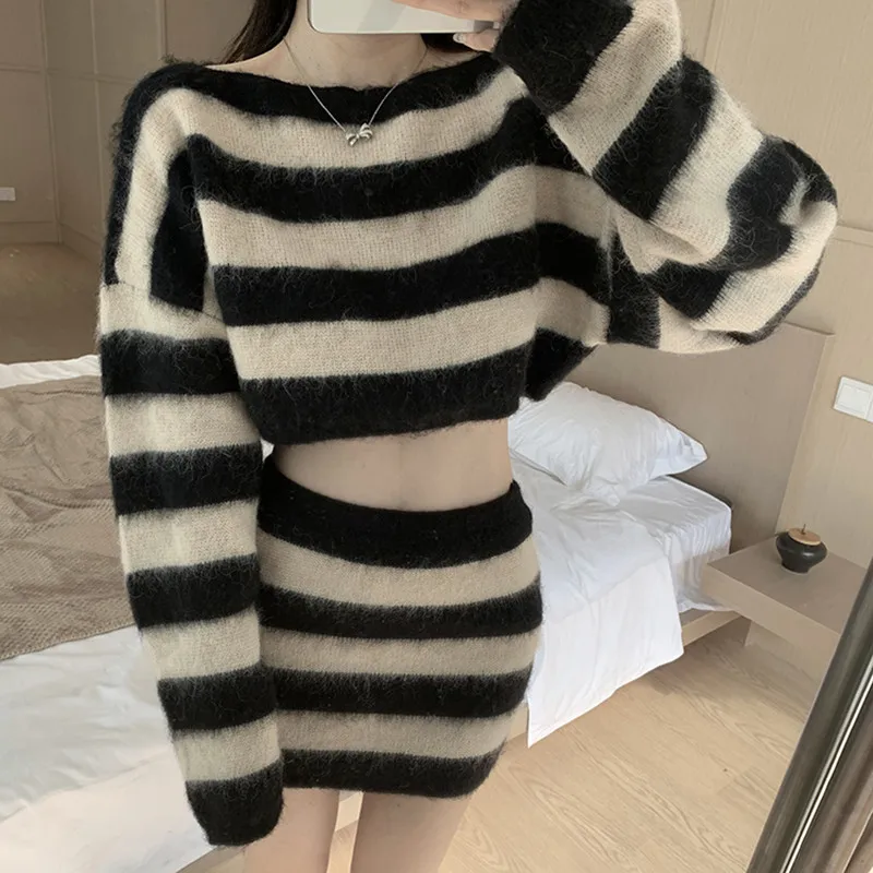 Autumn Striped Two-piece Skirt Set Women Long Sleeve Cropped Off Shoulder Top Bodycon Mini Skirt Korean Fashion Suits New