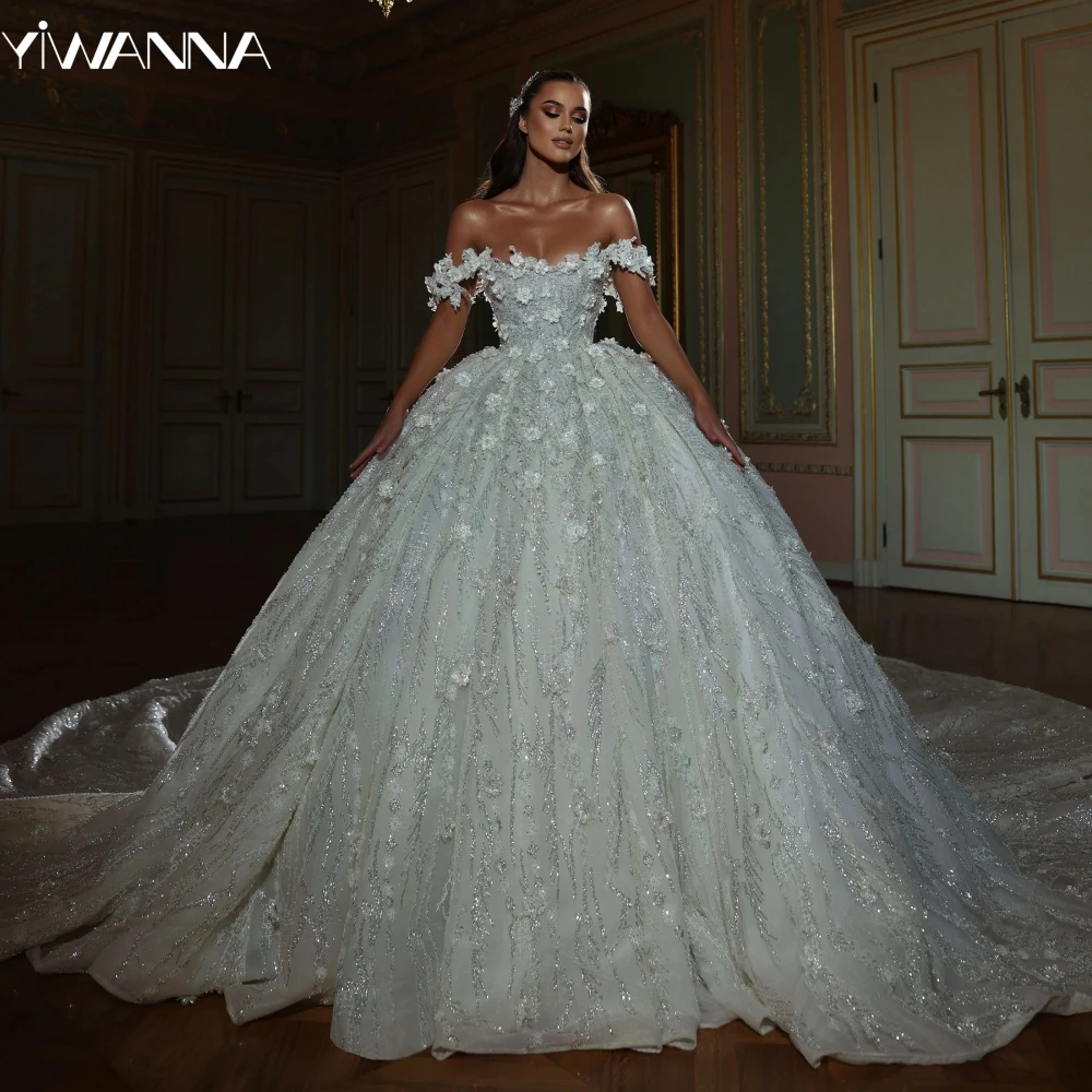 

Graceful Off The Shoulder Bridal Dress Sparkly Sequins 3D Flower Wedding Gown Luxury Ball Gown Long Bride Robe Vestido De Novia