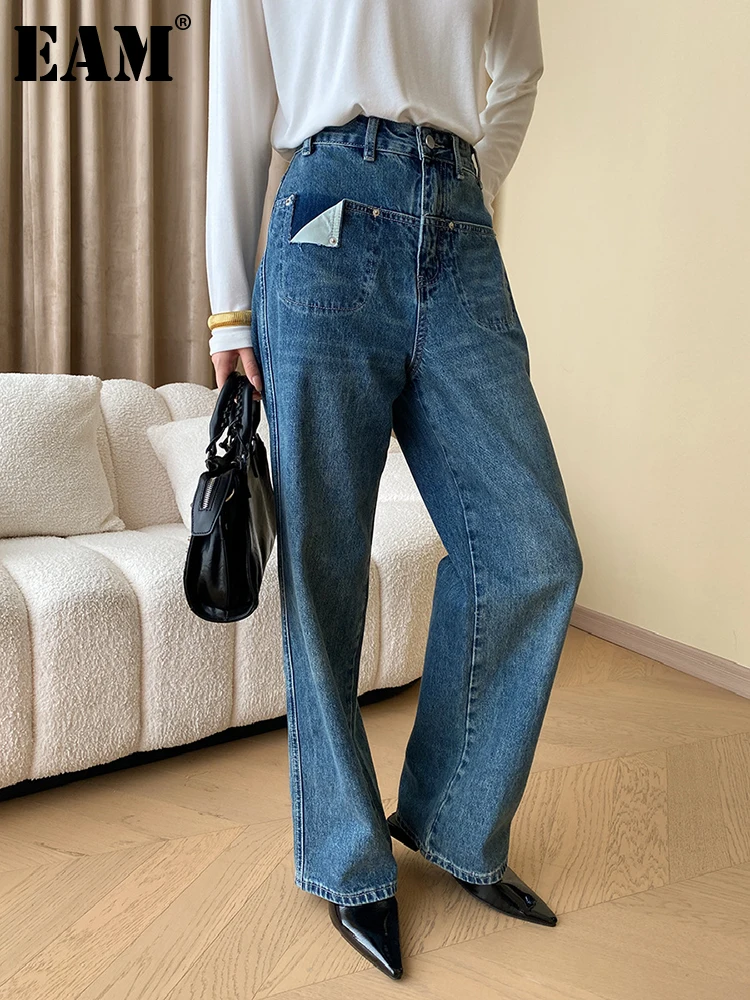 

[EAM] High Waist Blue Denim Fold Pocket Long Wide Leg Jeans New Loose Women Trousers Fashion Tide Spring Autumn 2024 1DH0176