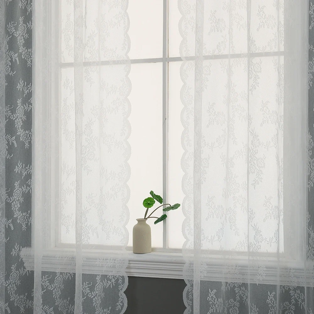 Lace Plant Beauty Flower Curtains 1 Piece Finished Rod Outdoor Pastoral Style White Yarn Curtains Bedroom Convex Window Decoration