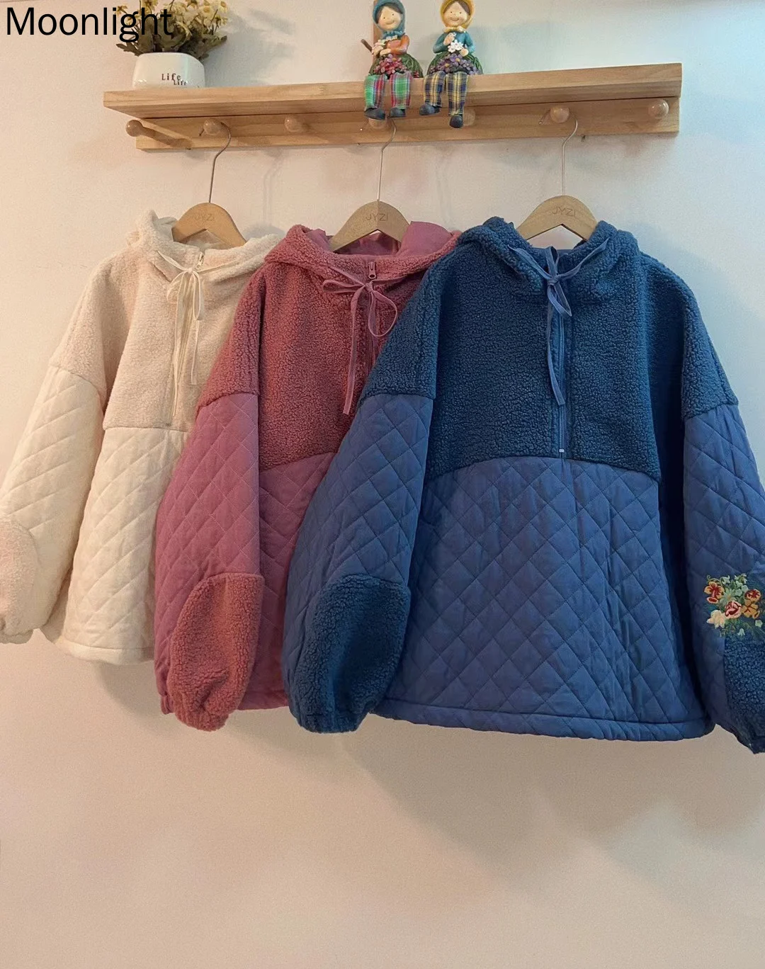 

Lamb Wool Patchwork Parka Vintage Flower Embroidery Long Hooded Padded Coat Winter Mori Girl Sweet Loose Cotton-padded Coats