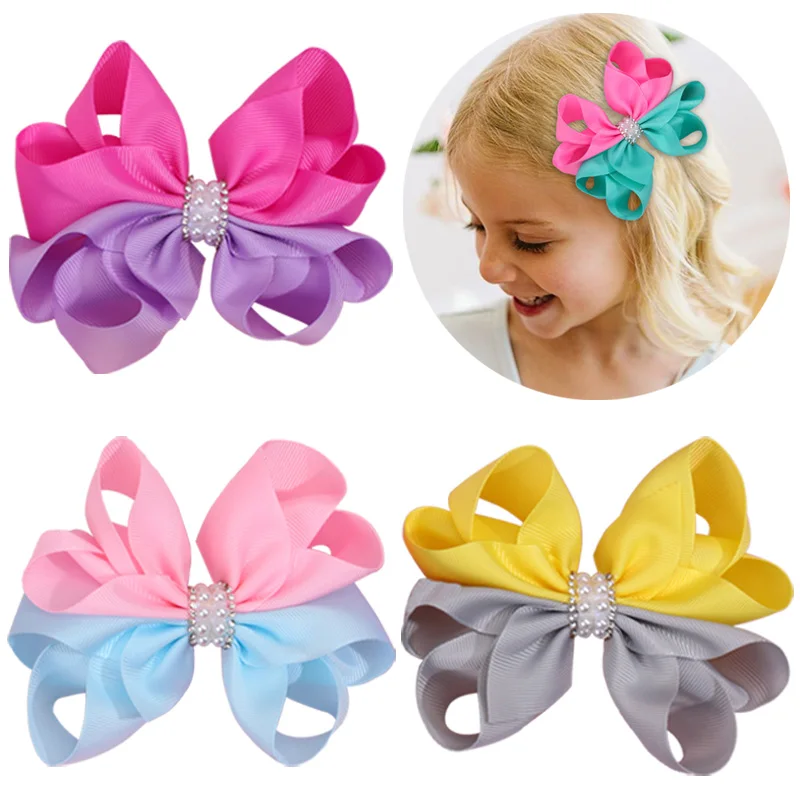 Colorful Girls Pearl Hair Bows Clips Kids Teens Ribbon   Bow   Boutique Hairpins Children Hairclips Headwear Hair Accessories