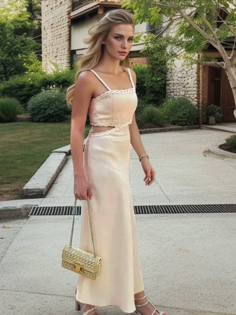 

Hollow Out Lace Long Beach Dresses for Women 2024 Summer Backless Sexy Midi Dress Sleeveless Slip Female Elegant Party Dresses