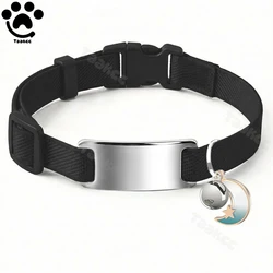 Personalized Elastic Pet Collar with Engraved Nameplate, Bell & Moon Charm - (S)16 - 25cm (Black - 03)