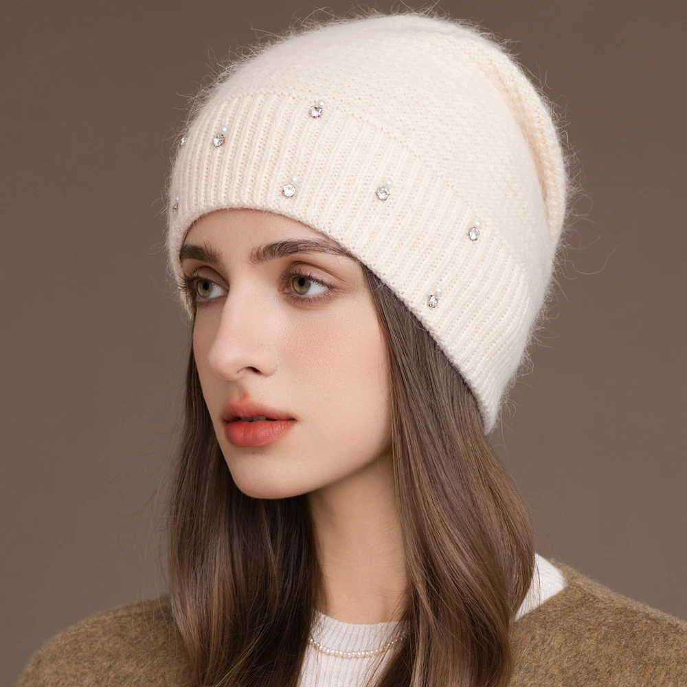 New Fashion Winter Women Hat Decorate Beanie Hat Rabbit Fur Blend Warm Winter Cap Y2K Female Casual Streetwear Knitted Hat