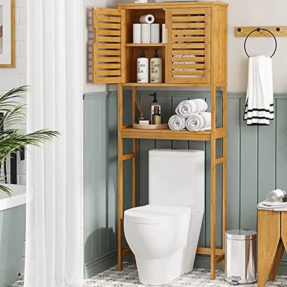 

Bamboo Tall Bathroom Cabinet Organizer with Adjustable Shelves and Louvered Doors Freestanding Toilet Shelf Small Spaces and