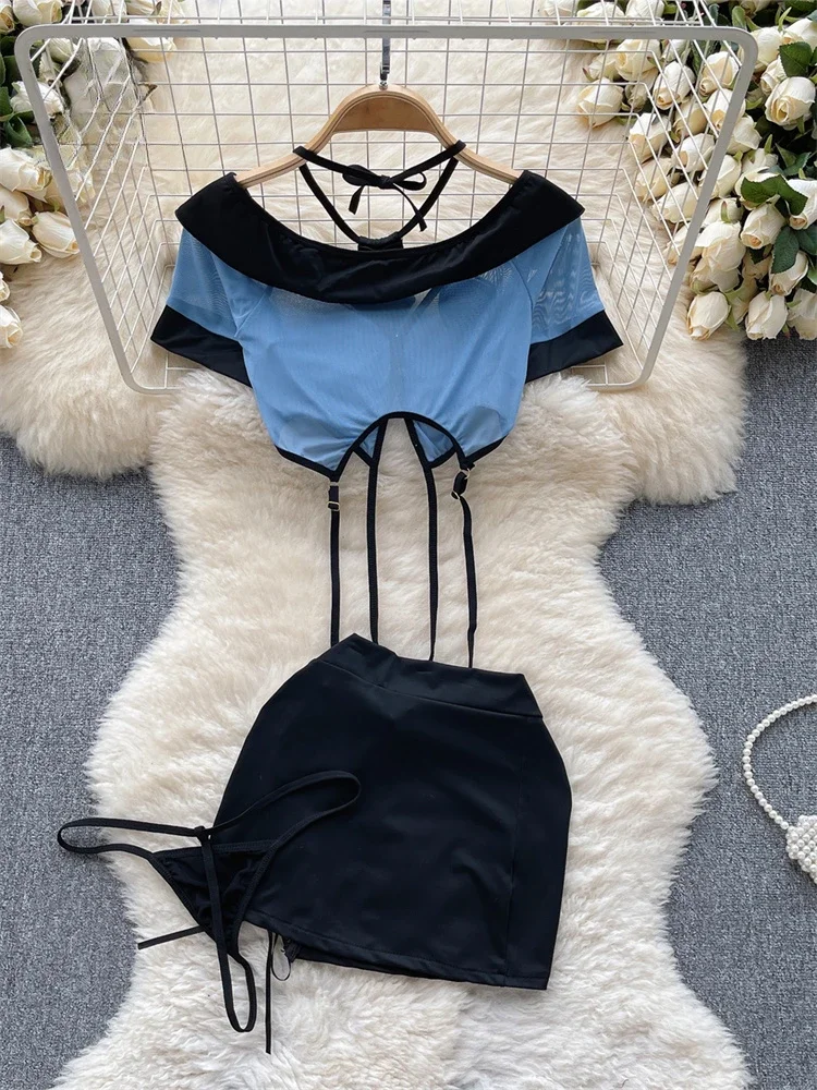 Toucheart Preppy Style Sexy Uniform Sets For Women 2024 V Neck Sheer Top+Lace Up Mini Skirt+Thongs Hollow Out Cosplay Porn Suits - Image 2