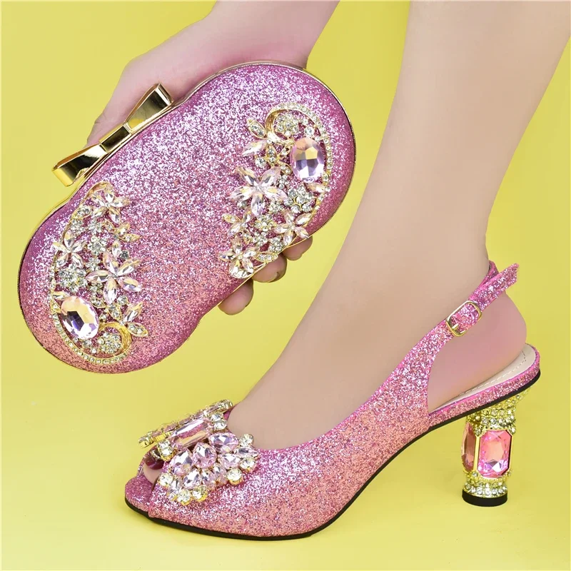 

Latest Fashion Women Matching Shoes and Bag Set Decorated with Rhinestone High Heels Sexy Ladies Wedding Shoes for Women Bride