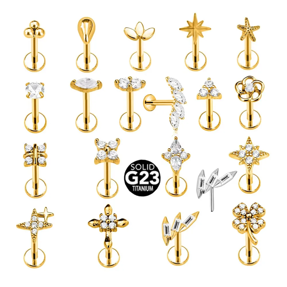 ASTM F136 G23 Titanium Flower Heart Star Drop Threadless Piercing Petals Leaf Moon Pin Push in Labret Stud Daith Conch Earring Piercing Jewelry Body Piercing Earrings Ear Piercing Jewelry Ear Studs Metal Jewelry Body Piercing Jewelry Body Jewelry