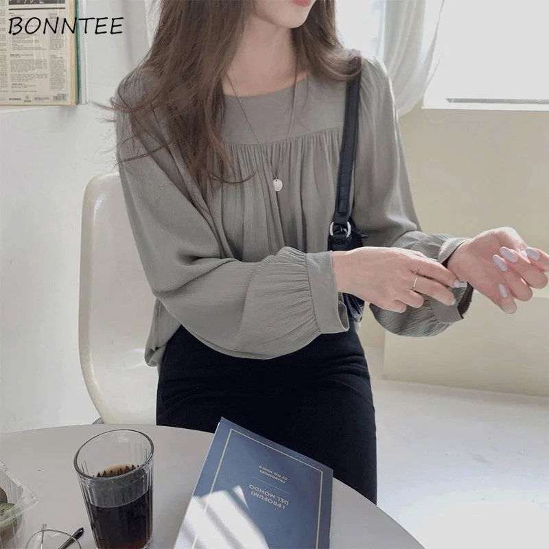 

Blouses Women Square Collar Simple Tender Solid Vintage Design Shirring Ins Cozy French Style Autumn Elegant Casual All-match BF