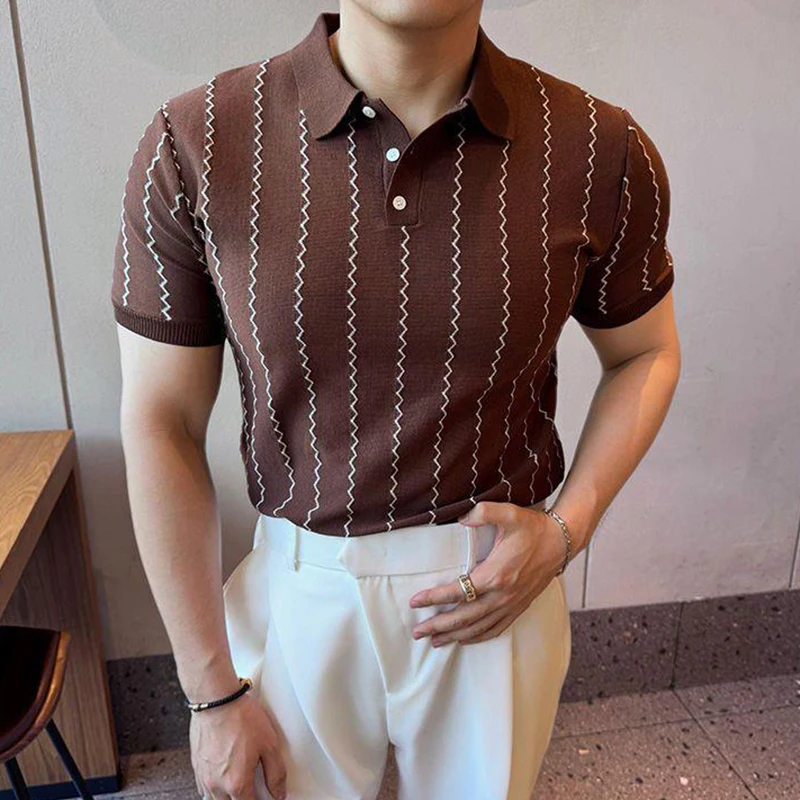 2025 Spring Summer New Casual Mens Polo Shirt Vintage Striped Crochet Buttoned Polo Neck Knit Tops Men Fashion Slim Fit Polos 13 S44f23927b5684616bc646adca8a41786i
