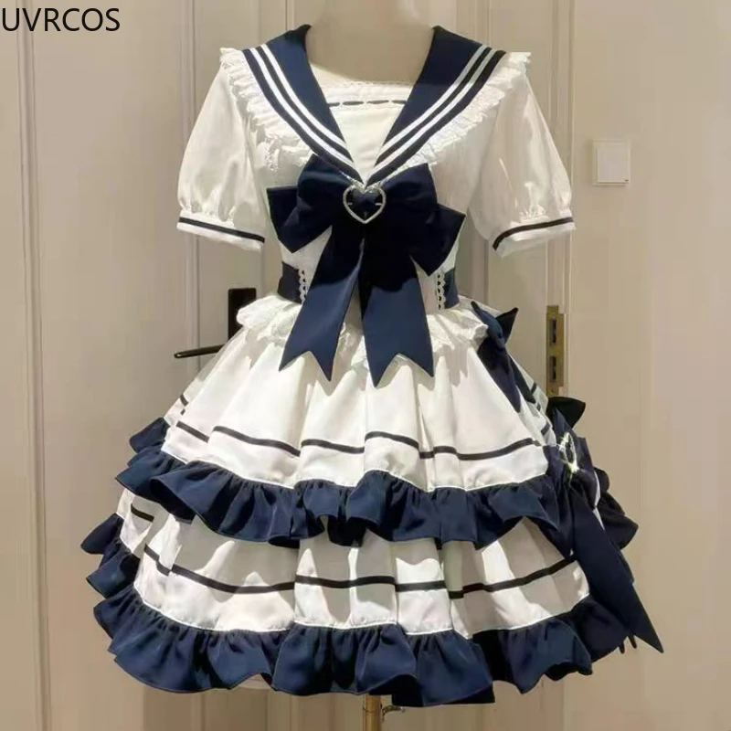 Japanese Kawaii Lolita Style Op Dress Women Sweet Bow Sailor Collar Short Sleeve Dresses Preppy Style Princess Party Mini Dress lolita dress,lolita suspender dress,lolita cosplay costumes