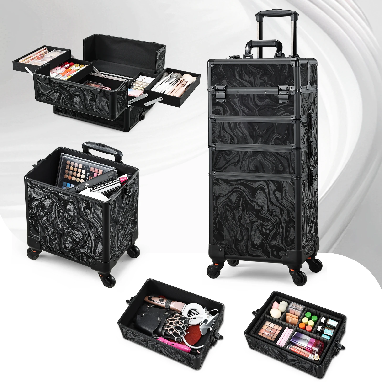 Mallette de voyage de maquillage roulante, étui de cosmétologie sur roulettes, trousse de maquillage 4 en 1, boîte à cosmétiques Extra Large avec clé, coffre de chariot de maquillage