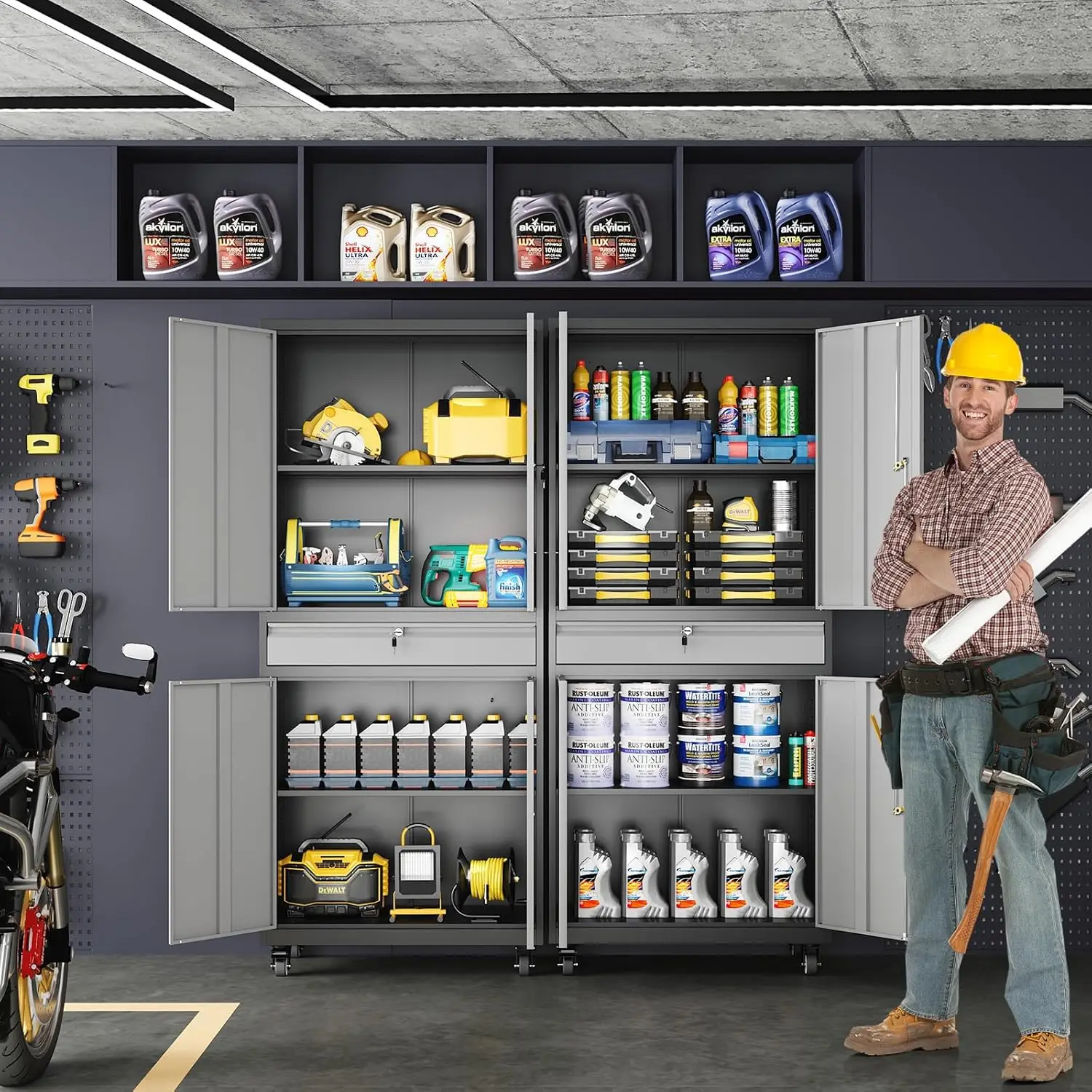 Metal Garage Storage Cabinet with Locking Doors and Adjustable Shelves Rolling Tool Storage Cabinet with 4 Wheels and 1 Drawer