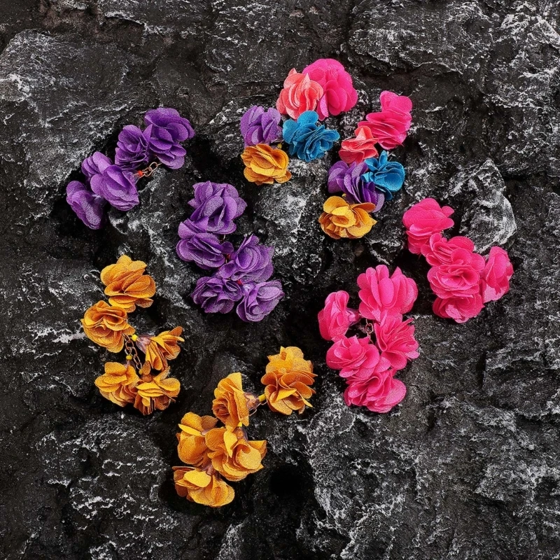 DAMLENG - Orecchini Pendenti Bohemien Con Fiori In Tessuto Chiffon - Fatti A Mano, Leggeri, 7,5 Cm - Scegli Il Colore (Rosa, Bianco, Nero, Giallo) - 2
