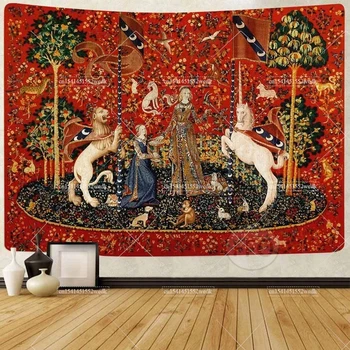 Maiden And Unicorn Medieval Tapestry Wall Hanging Aesthetic Room Decor Ancient Egypt Tapestry Macrame Bedroom Decoration Carpets
