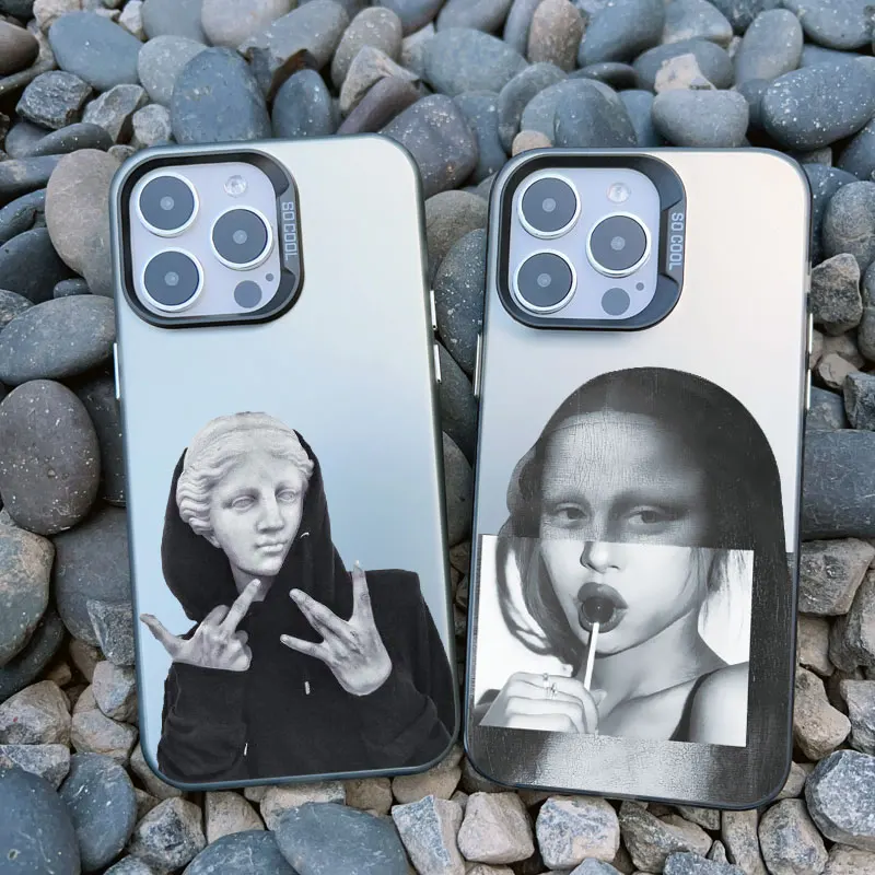 Artistic Aesthetic Phone Case - Shockproof Matte Laser Cover with David and Mona Lisa Design