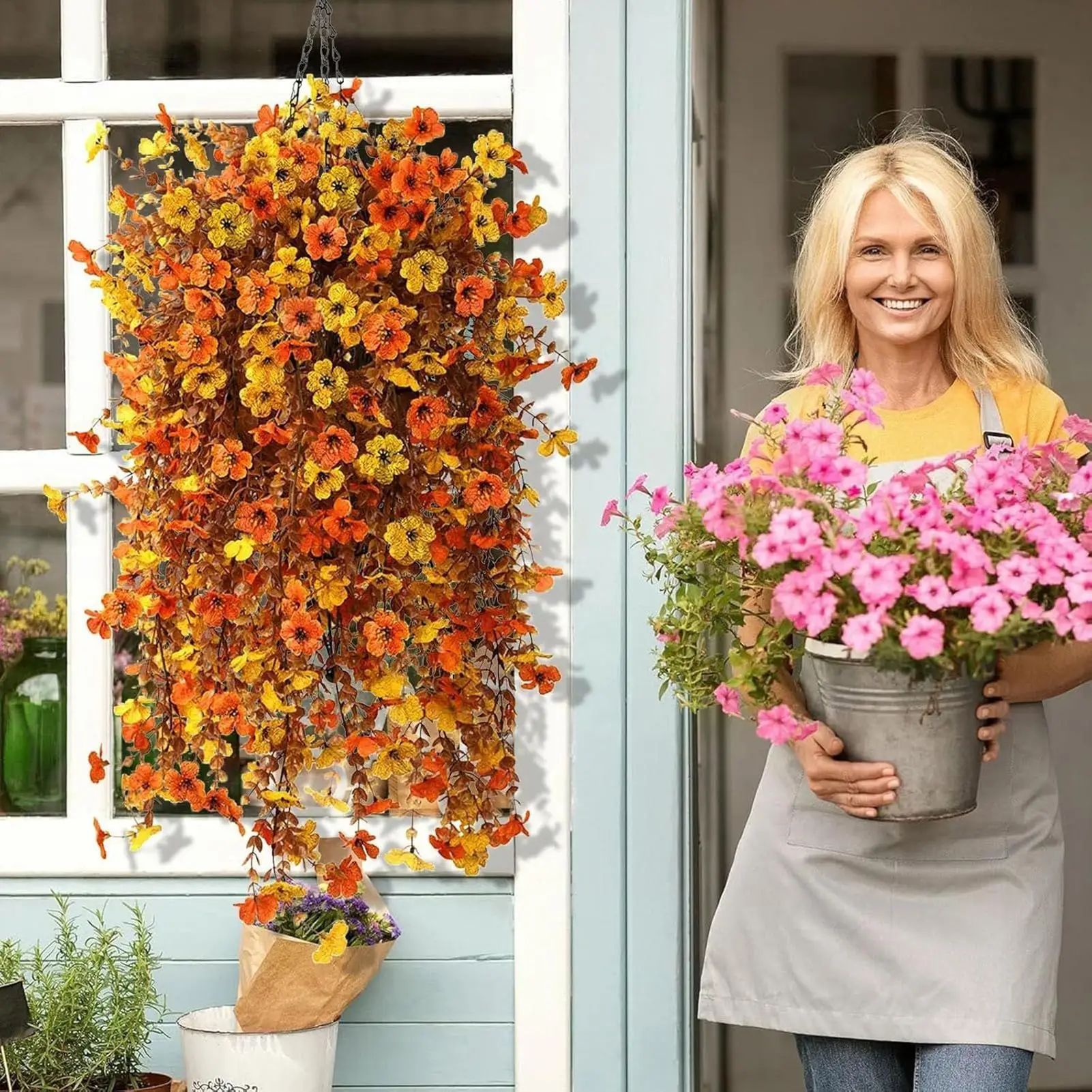 Fall Flowers Artificial For Decoration Realistic Bouquet 27.5 Inch UV Resistant Fall Outdoor Flowers For Porch Door Home Indoor