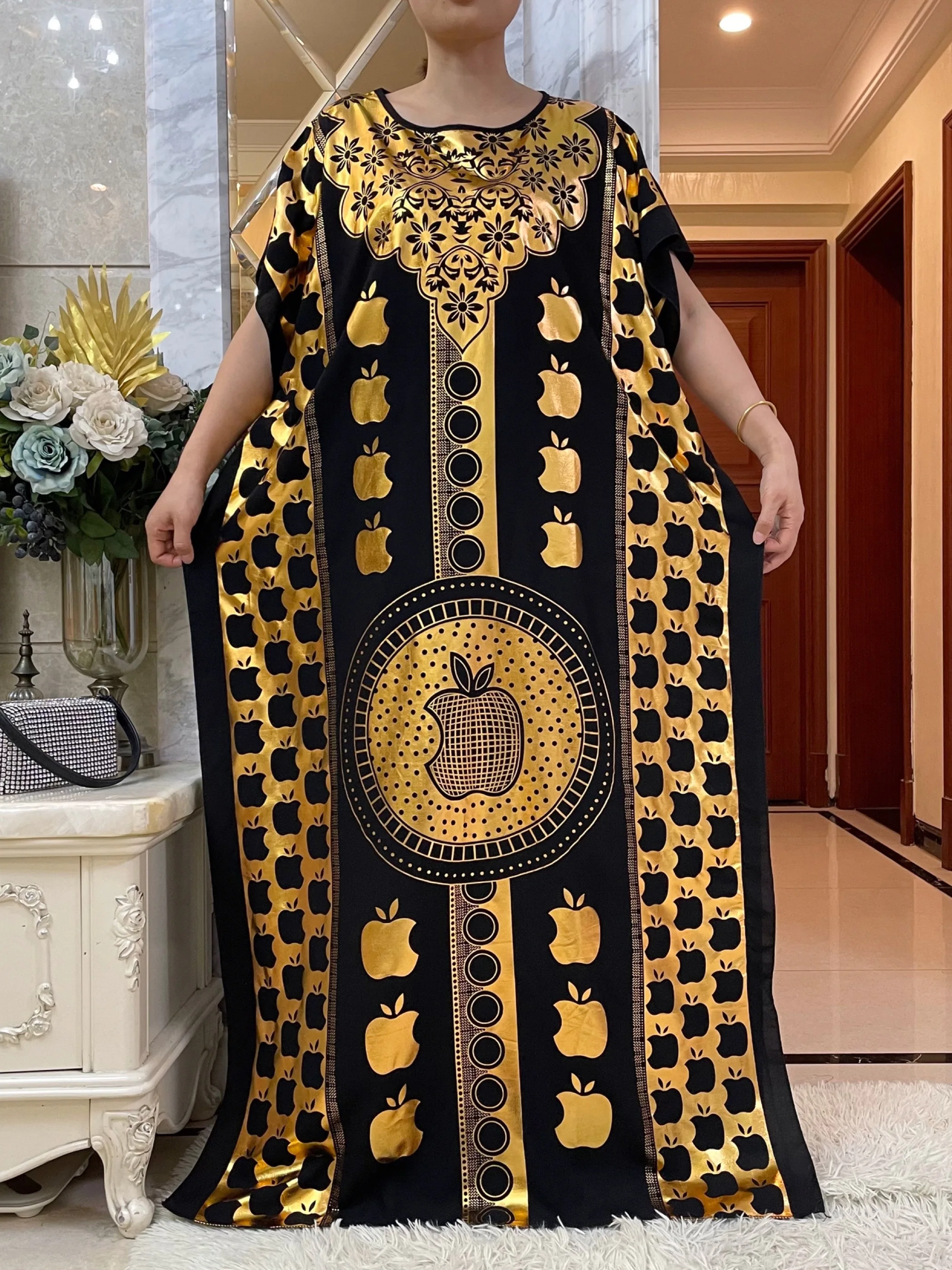 Muslim Summer Short Sleeve Cotton Robe Gold Stamping Boubou Maxi Women Femme Loose Dress With Big Scarf African Ramadan Abaya 1