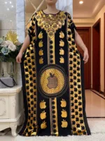 Muslim Summer Short Sleeve Cotton Robe Gold Stamping Boubou Maxi Women Femme Loose Dress With Big Scarf African Ramadan Abaya 1