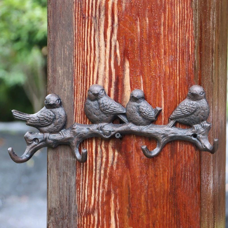 Retro Brown Four Birds On Branch Cast Iron Wall Hook For Keychain