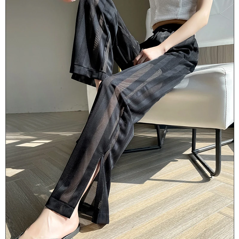 Lace Ice Silk Mesh Wide Leg Pants 2024 Summer New Large Size Slit Straight Casual Pants Women's Fashion Trousers