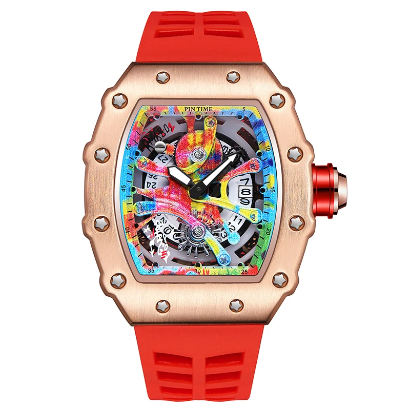 High-end Colored Hip Hop Dial  PINTIME Watch for Men Silicone Strap Stainless Steel Case Fashion Waterproof Quartz Wristwatch