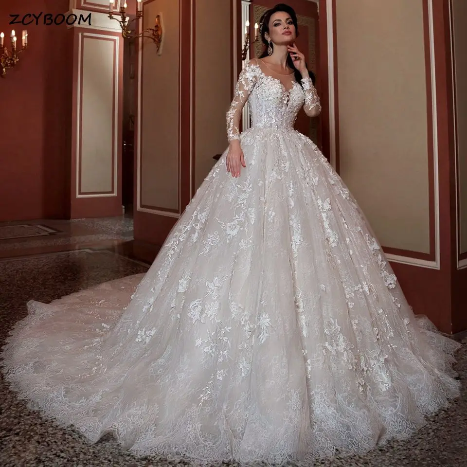 

Exquisite Ivory Full Sleeves Ball Gown Wedding Dresses 2023 Princess Lace Appliques Illusion Back Bride Gowns Vestidos De Novia