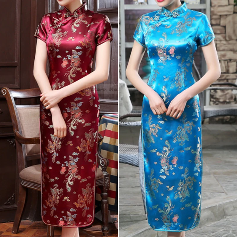 

Chinese Style Female Qipao Plus Size Satin Cheongsam Exquisite Classic Dragon Phoenix Chinese Dress Sexy Long Vestidos 5XL 6XL