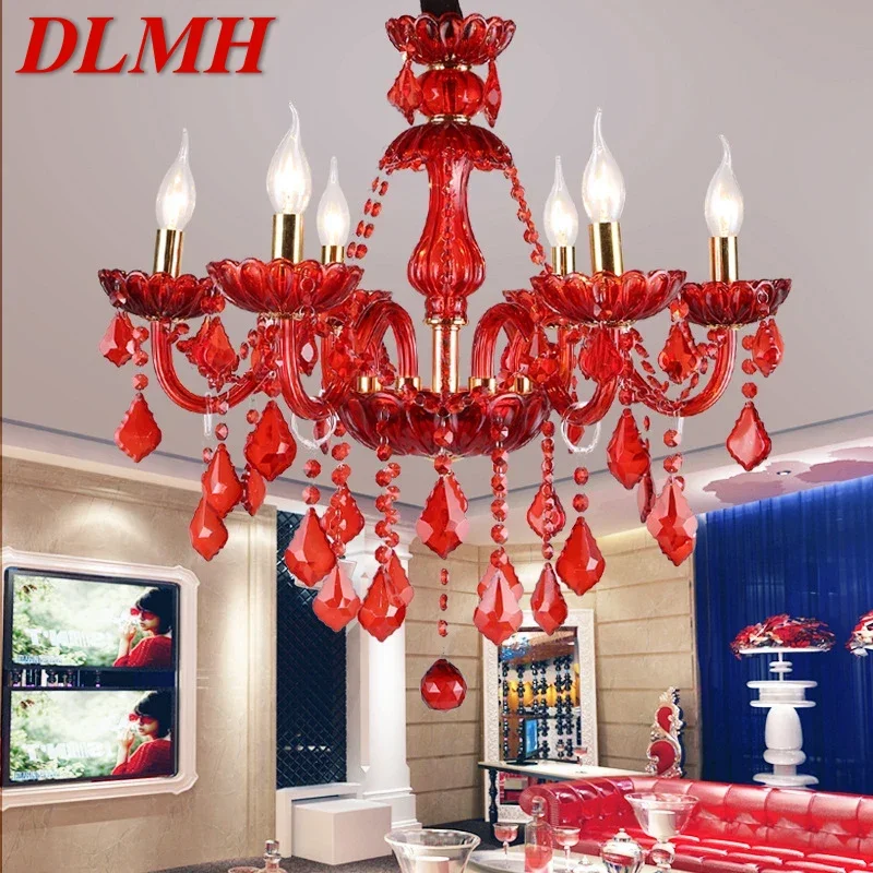 

DLMH European Style Crystal Pendent Lamp Red Candle Lamp Luxurious Living Room Restaurant Bedroom Villa Chandelier