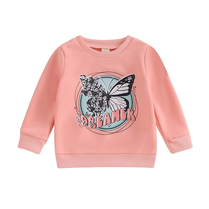 Toddler Girls Boys Sweatshirts Baby Clothes Letter Butterfly Print Crew Neck Long Sleeve Infant Pullovers Fall Tops