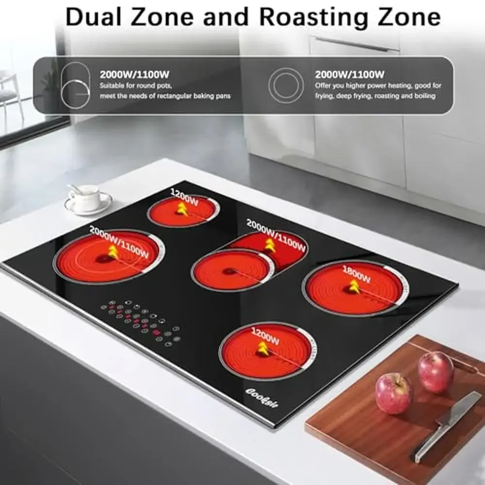 30" 5 Burner Built-in Electric Stove Top Glass Cooktop 8400W Power Safety Lock Timer Indicator Compatible with Various Pots Easy 3