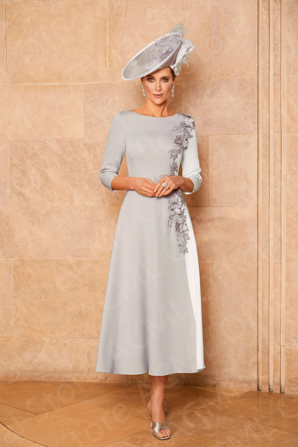 Mother Bride Dresses Women Party Dresses Pale Pink Mother of the Bridal Dresses Tea Length Wedding Guest Dresses Round Neck Mother Gowns 3/4 Sleeves Flowers