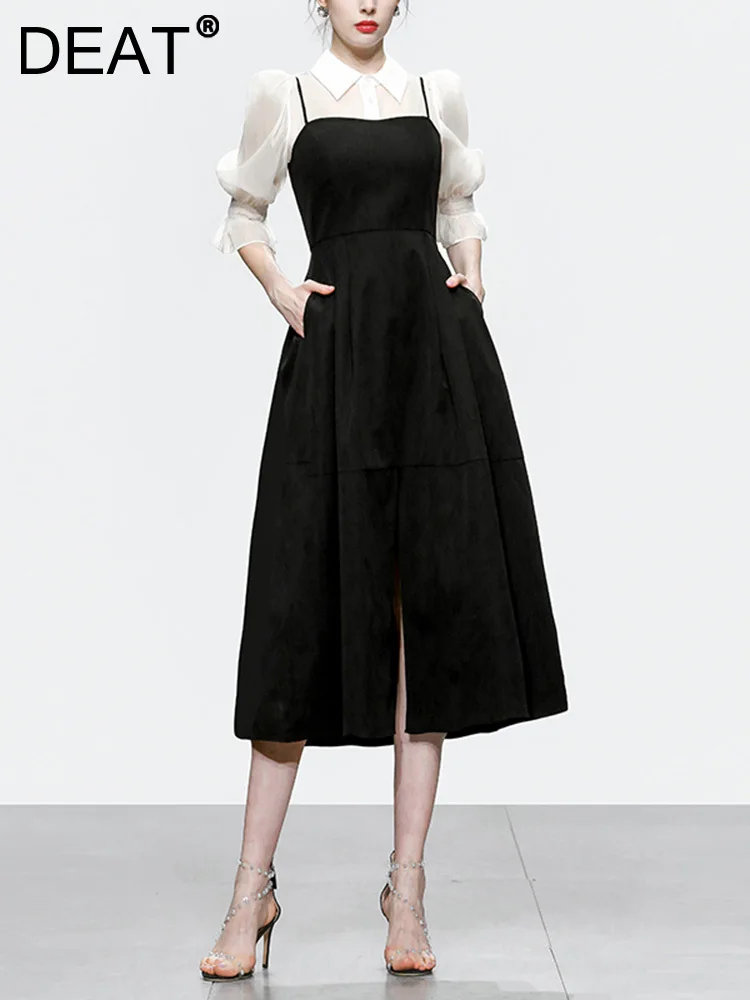 

Женский комплект из двух предметов DEAT, однобортная рубашка с отложным воротником и высокой талией, трапециевидный топ с разрезом, платье, лето 2024, 13DB5016