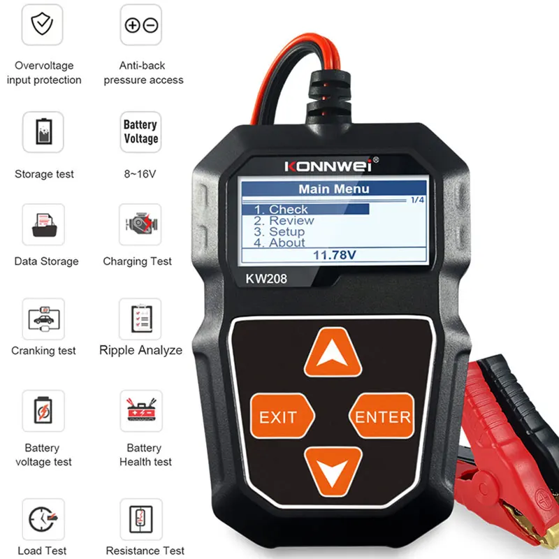 KONNWEI KW208 12V Car Battery Tester Motorcycle 100-2000CCA Cranking Charging Circut Tester Battery Analyzer Lead Acid Battery 2