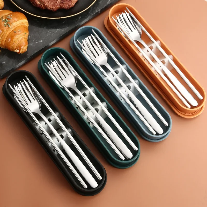 Spoon Fork Chopsticks Set 3PCS/Set Dinnerware Cutlery 304 Stainless Steel Tableware With Box Holder Portable Kitchen Accessories cutlery set western style cutlery set picnic cutlery set stainless steel cutlery set picnic tableware camping cutlery set