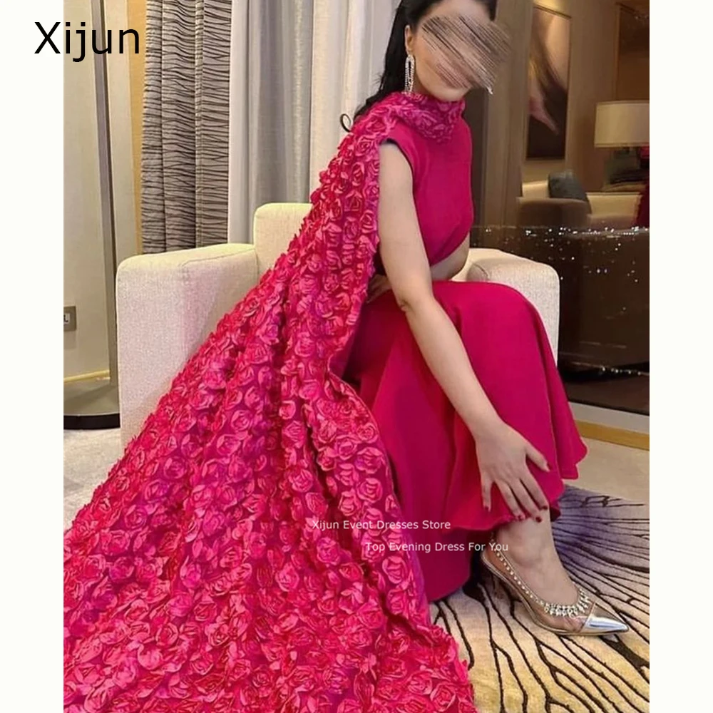 

Xijun Sexy Hot Pink فساتين مناسبة رسمية Flower Lace Embroid Cape Sleeve Prom Dress 2023 High Neck Fishtail Vestidos De Noche