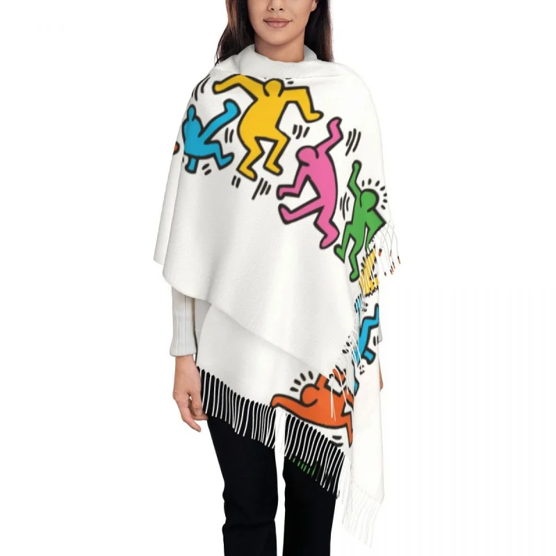 

Female Large Haring Dancing Pop Art Scarves Women Winter Fall Thick Warm Tassel Shawl Wrap Graffiti Paintings Art Abstract Scarf