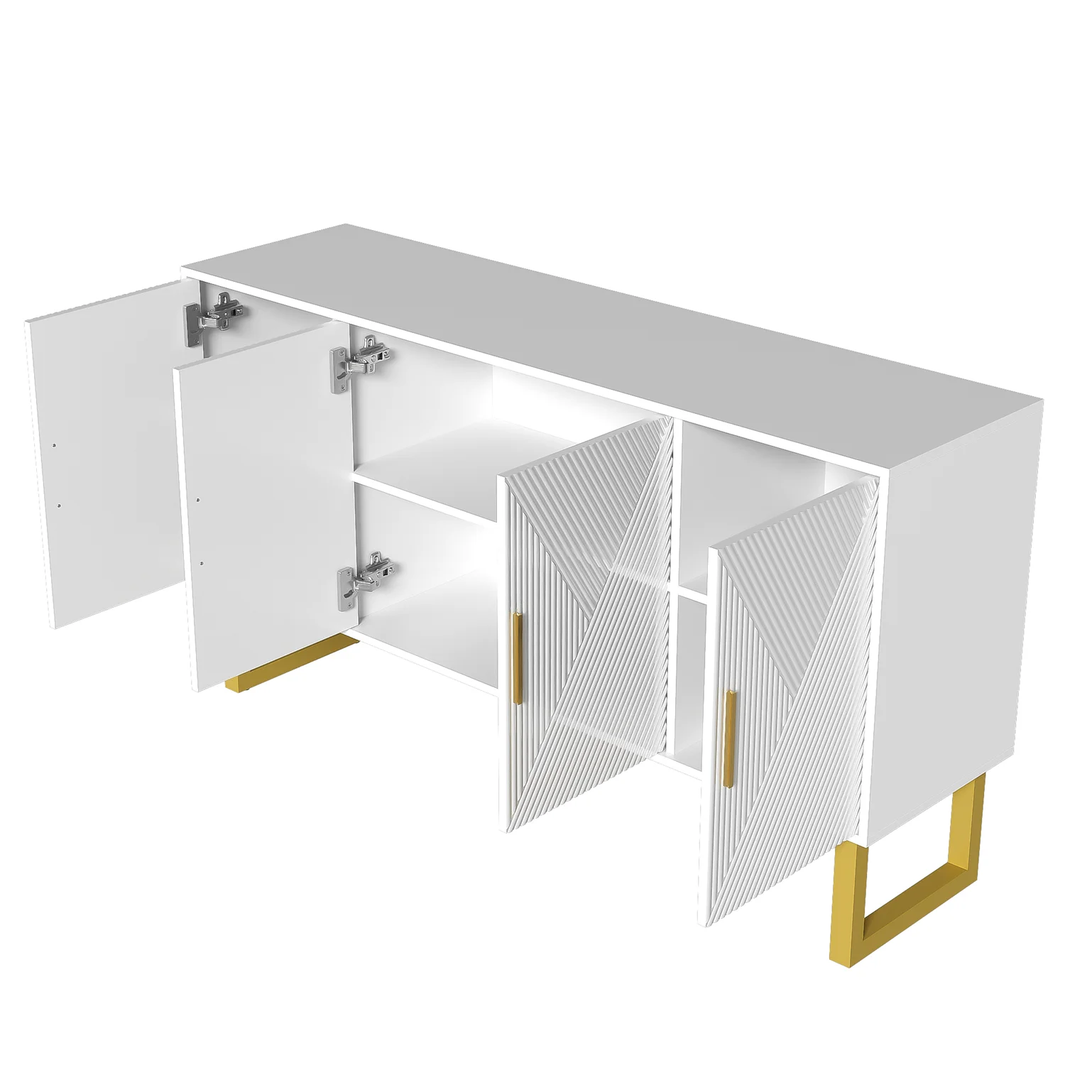 150cm modern, luxurious white sideboard, high-gloss structured doors gold handles 4-door design, height adjustable – Detail 13