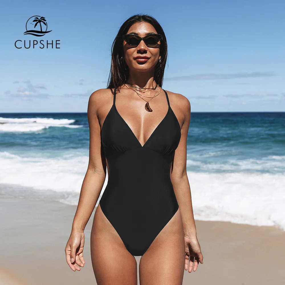CUPSHE Womens Solid Black V Neck Mesh One Piece Swimsuit