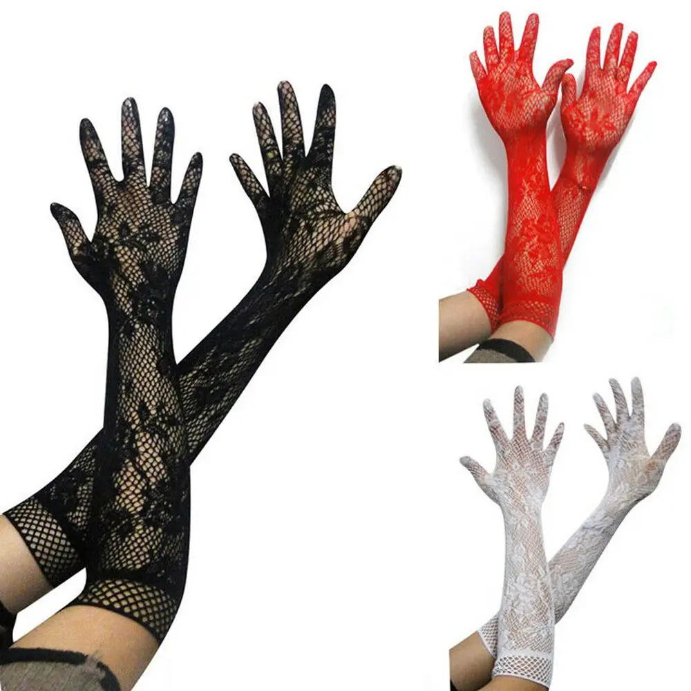 

Ladies Sexy Mesh Lace Gloves Stretchy Floral Bride Long Gloves Gothic Steampunk Fancy Dress Christmas Halloween Mittens