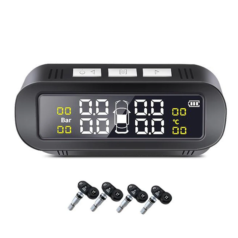 

TPMS Solar Car Tire Pressure Alarm Monitor System Display Intelligent Temperature Warning with 4 Build-in Sensors