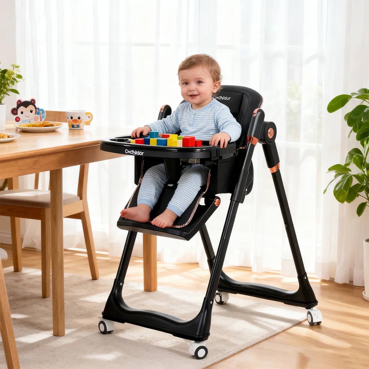 Foldable baby feeding chair, multi-functional children's high chair, wheeled table and outdoor camping chair