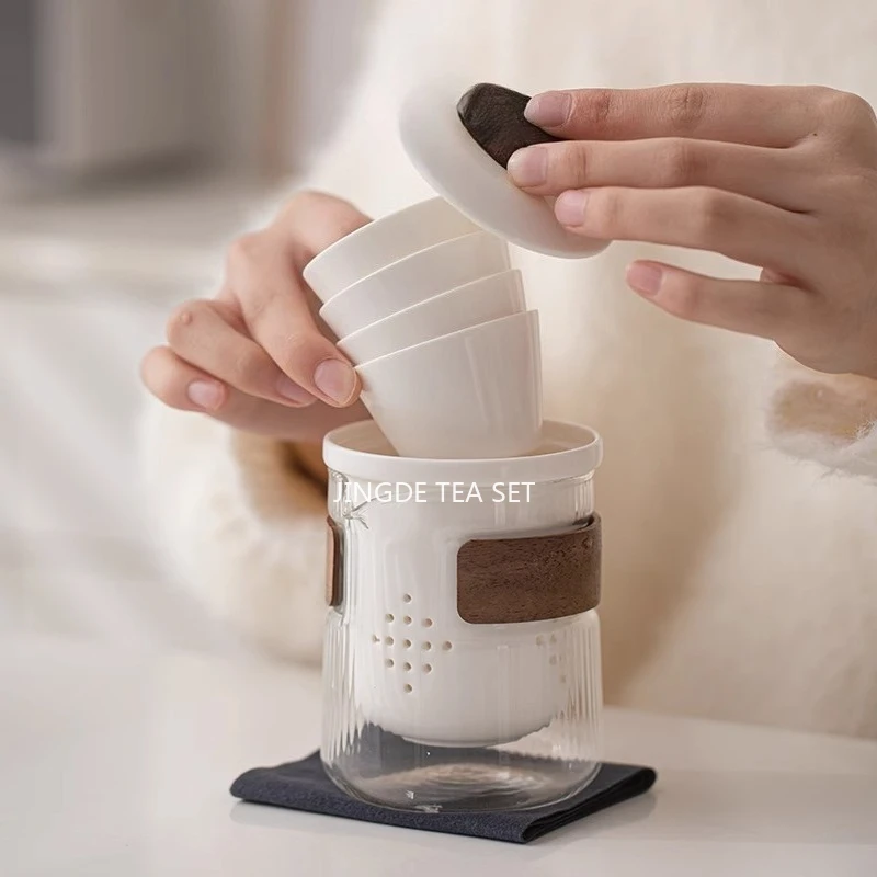 1 Pot+4Cup Glass Travel Tea Set, Portable Ceramic Kuaike Cup, Personal Portable Bag Set, Outdoor Kung Fu Glass Tea Pot