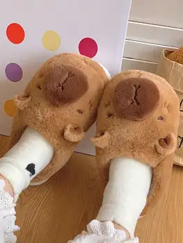 Couple Style Capybara Plush Slippers, Winter Fleece Lined Warm Anti-Slip Soft Sole Home Unisex Indoor Slides 1