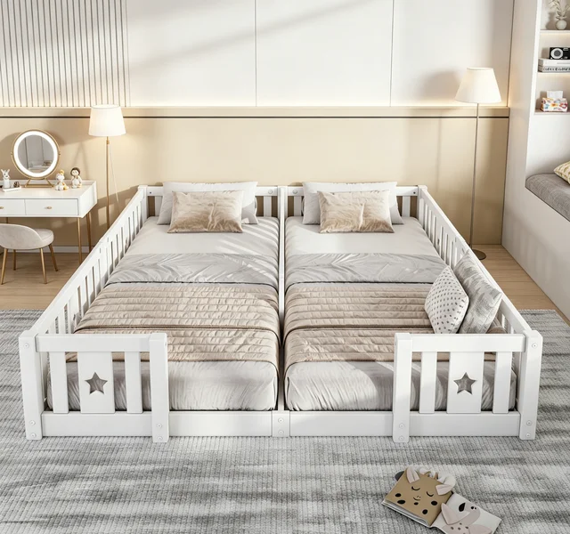 Lit de sol Montessori 90x200cm, lit pour 2 enfants avec protection anti-chute, bois massif, lit enfant Montessori, pour garçons et filles, blanc/gris, sans matelas 1